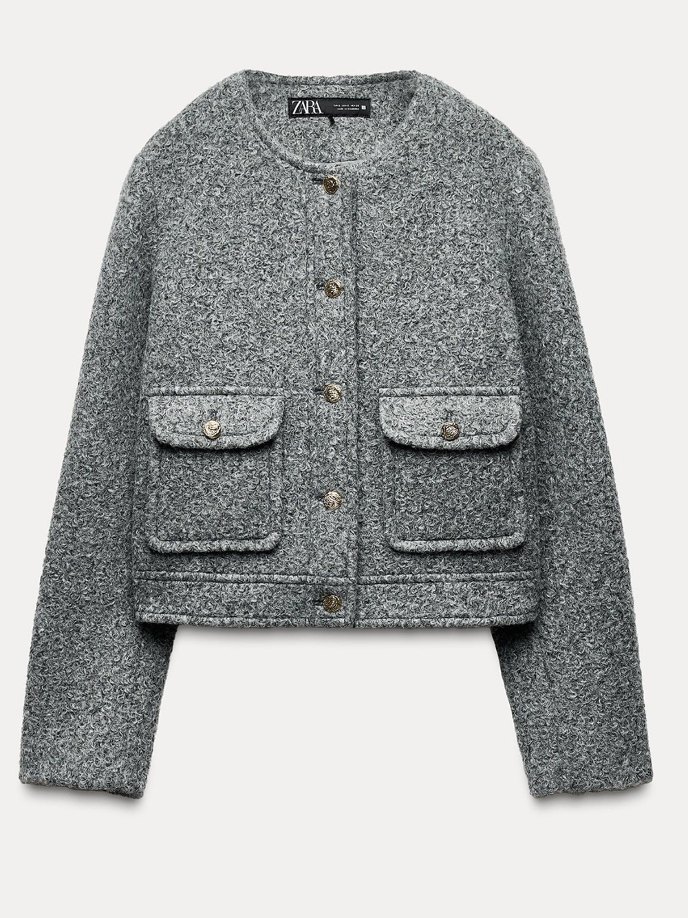 New ZARA Gray Textured Bouclé Jacket with Front Pockets - size S
